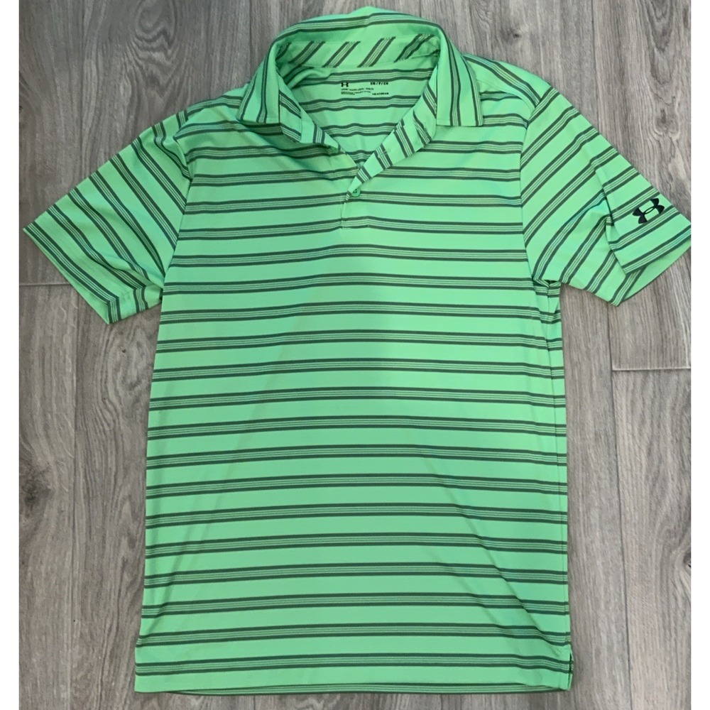 Under Armour HeatGear Polo Mens Small Green‎ Grey Striped Short Sleeve Shirt